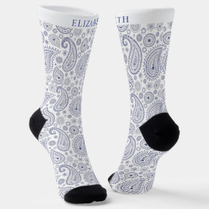 Custom White Dark Navy Blue Paisley Muster Socken
