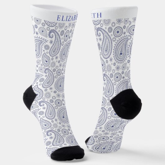 Custom White Dark Navy Blue Paisley Muster Socken (Gewinkelt)