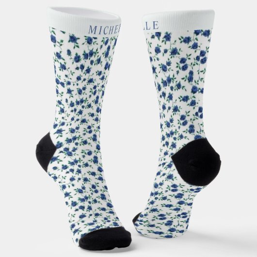 Custom White Floral Light Dunkel Blue Blume Socken (Gewinkelt)