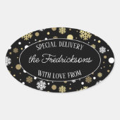 Custom White Gold Snowflakes Punkte auf Black Ovaler Aufkleber (Vorderseite)