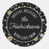 Custom White Gold Snowflakes Punkte auf Black Runder Aufkleber (Vorderseite)