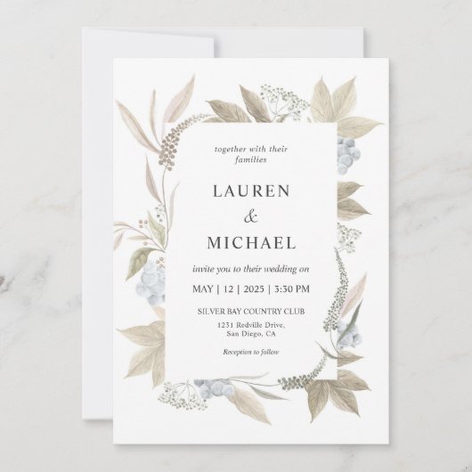 Custom White Gray Leaf Blue Berry Wedding Einladung (Vorderseite)