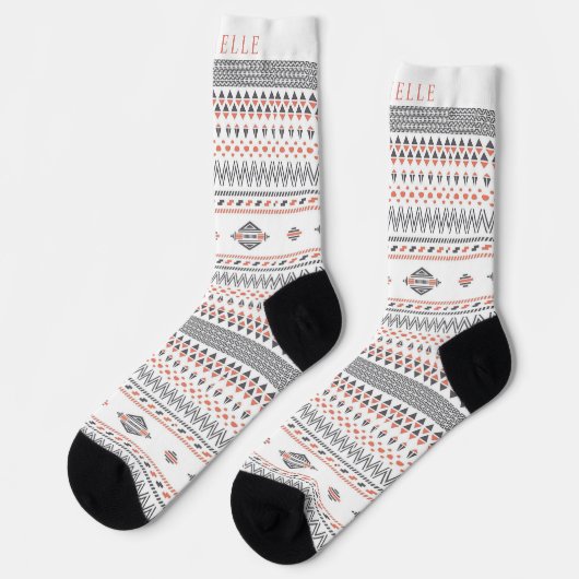 Custom White Gray Orange Aztec Muster Socken (Linkes Detail)