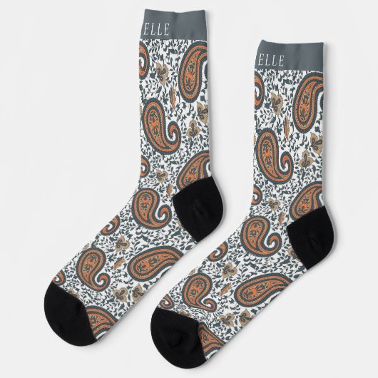 Custom White Gray Orange Paisley Pattern Socken (Linkes Detail)