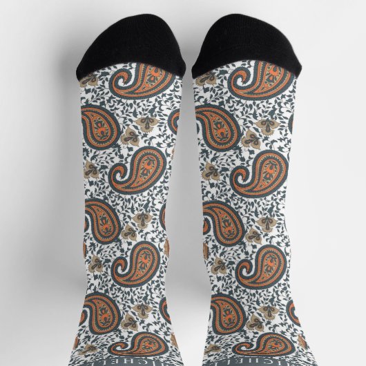 Custom White Gray Orange Paisley Pattern Socken (Oben)