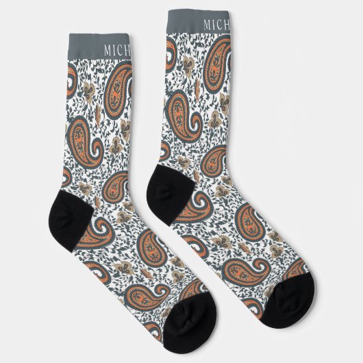 Custom White Gray Orange Paisley Pattern Socken (Rechts)