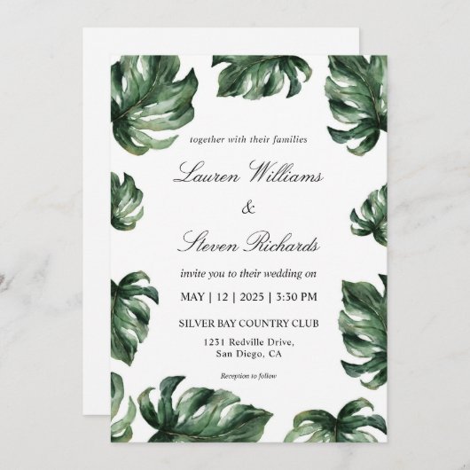 Custom White Green Elegant Palm Blätter Hochzeit Einladung (Vorne/Hinten)