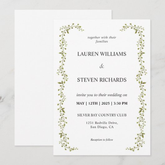 Custom White Green Leaf Border Wedding Einladung (Vorne/Hinten)