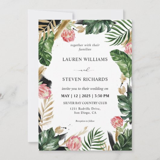 Custom White Green Painterly Tropical Wedding Einladung (Vorderseite)