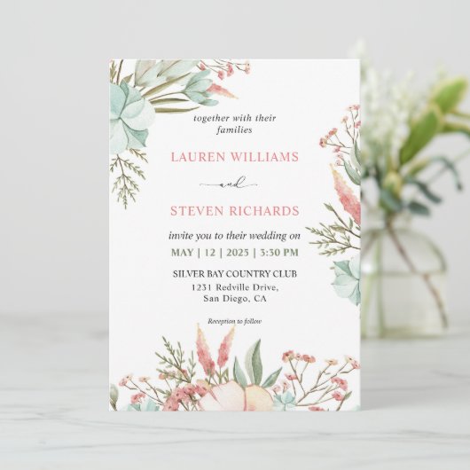 Custom White Green Pink Pastel Boho Wedding Einladung (Stehend Vorderseite)