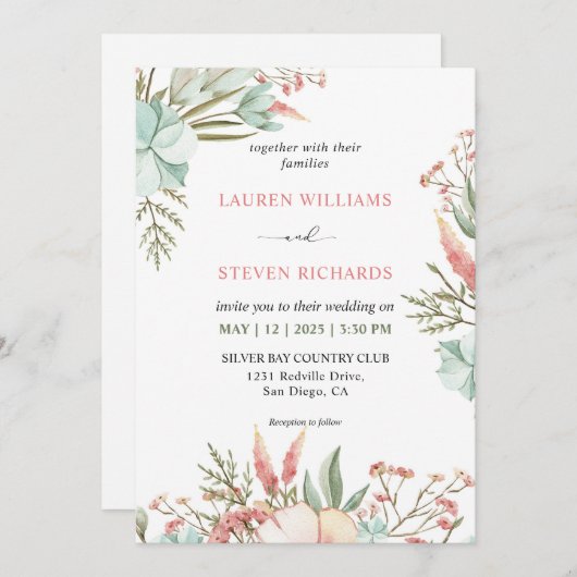 Custom White Green Pink Pastel Boho Wedding Einladung (Vorne/Hinten)