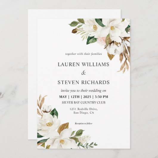Custom White Green Simple Magnolia Wedding Einladung (Vorne/Hinten)