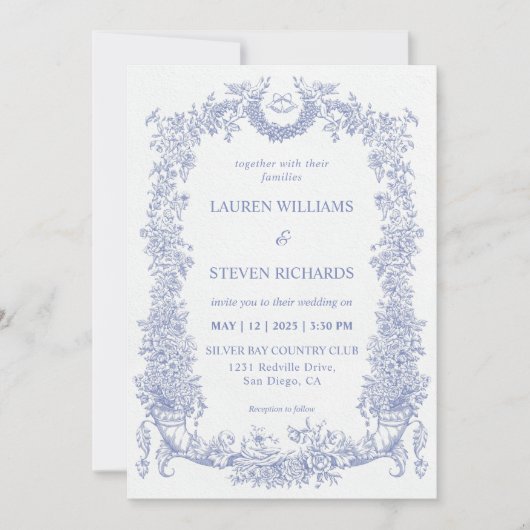 Custom White Light Blue Baroque Blooms Wedding Einladung (Vorderseite)