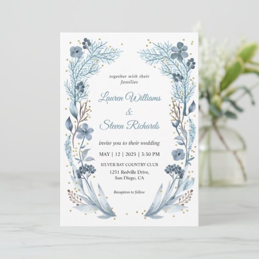 Custom White Light Soft Blue Iced Frame Wedding Einladung (Stehend Vorderseite)