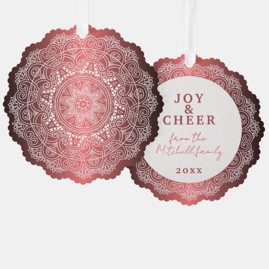 Custom White Mandala Kranz auf Imitate Red Metal Ornament Karte (Vorderseite/Rückseite)