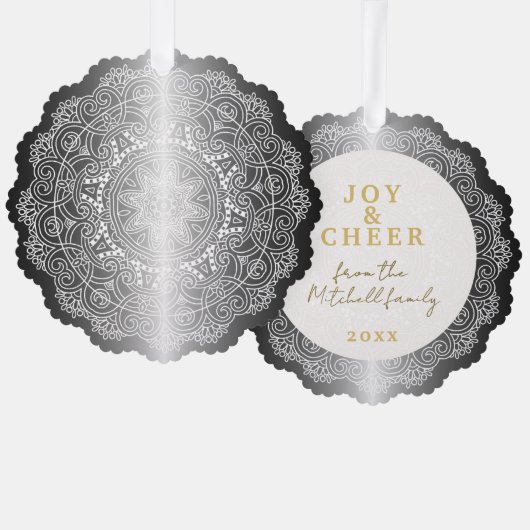 Custom White Mandala Wreath on Imitats Silver Ornament Karte (Vorderseite/Rückseite)