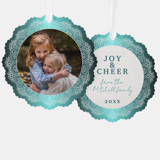 Custom White Mandala Wreath on Ocean Blue Ornament Karte (Vorderseite/Rückseite)