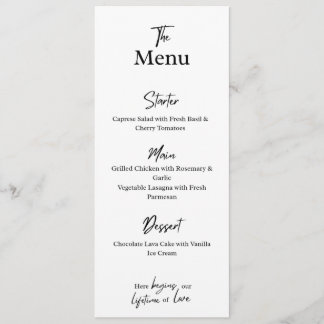 Custom White Menu Card . Wedding, Party, or Dinner Menükarte
