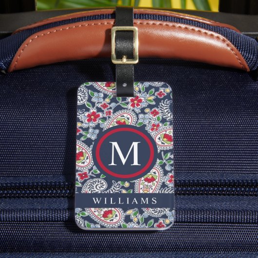 Custom White Navy Blue Red Paisley Muster Gepäckanhänger (Vorderseite Insitu 2)