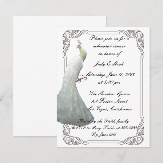 Custom White Peacock Probe Dinner Einladung (Vorne/Hinten)