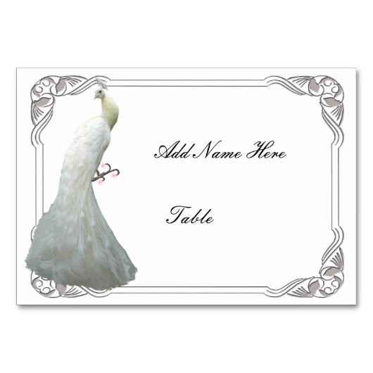 Custom White Peacock Wedding Table Platzkarte Tischnummer (Vorderseite)
