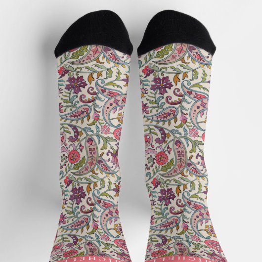 Custom White Pink Blue Paisley Muster Socken (Oben)