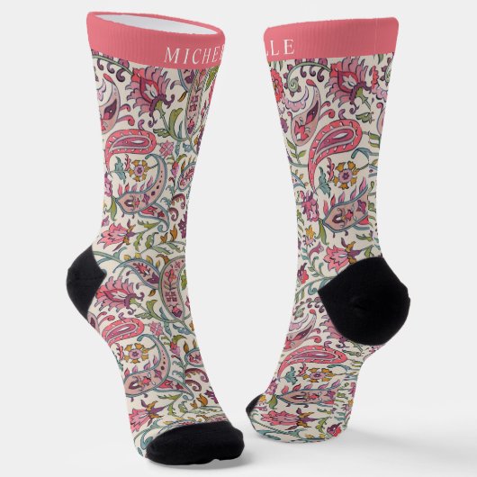 Custom White Pink Blue Paisley Muster Socken (Gewinkelt)