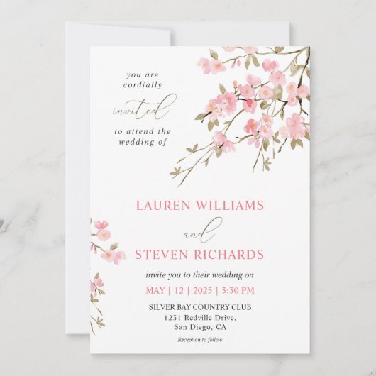 Custom White Pink Cherry Blossom Hochzeit Einladung (Vorderseite)