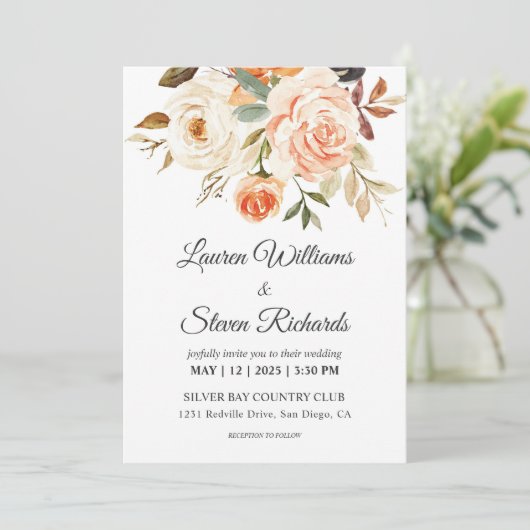 Custom White Pink Peach Rustic Rose Hochzeit Einladung (Stehend Vorderseite)