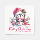 Custom White und Pink Niedlich Pinguin Frohe Weihn Serviette (Vorderseite)