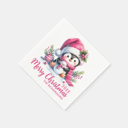Custom White und Pink Niedlich Pinguin Frohe Weihn Serviette (Ecke)