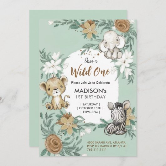 Custom Wild One Green White Jungle Animals Thema Einladung (Vorne/Hinten)