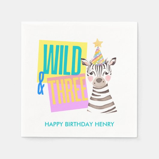 Custom Wild & Three Zebra 3. Geburtstag Napkins Serviette (Vorderseite)