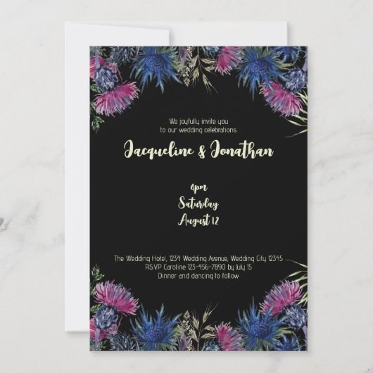 Custom Wildblume Scottish Thistles Black Wedding Einladung (Vorderseite)