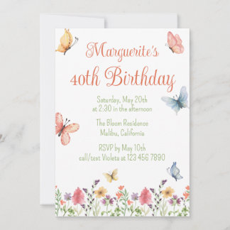 Custom Wildblumen Butterflies 40. Geburtstag Party Einladung