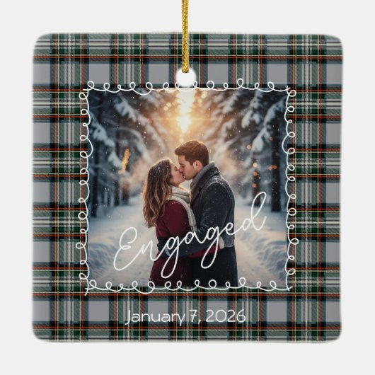 Custom Winter Engagement Photo Card with Tartan  Keramikornament (Rückseite)
