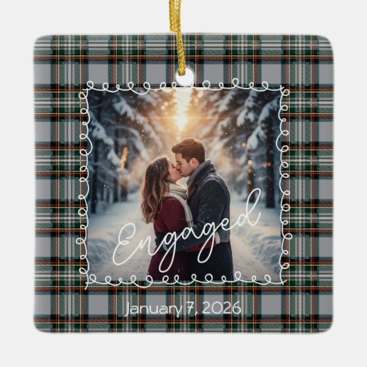 Custom Winter Engagement Photo Card with Tartan  Keramikornament (Vorderseite)