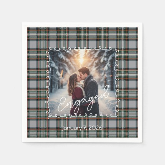 Custom Winter Engagement Photo Card with Tartan Serviette (Vorderseite)
