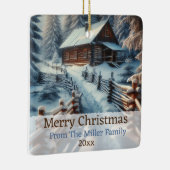 Custom Winter Log Kabine auf einem Schneefest Weih Keramikornament (Rechts)