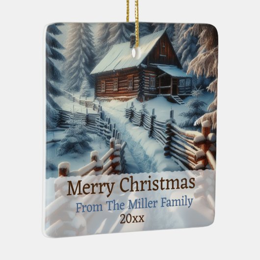 Custom Winter Log Kabine auf einem Schneefest Weih Keramikornament (Rechts)