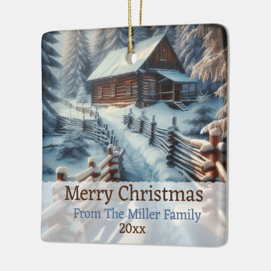 Custom Winter Log Kabine auf einem Schneefest Weih Keramikornament (Links)