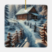 Custom Winter Log Kabine auf einem Schneefest Weih Keramikornament (Rückseite)