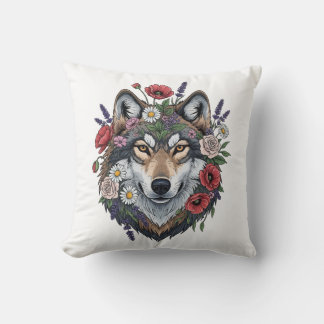 Custom Wolf with Floral Crown Throw Pillow Kissen