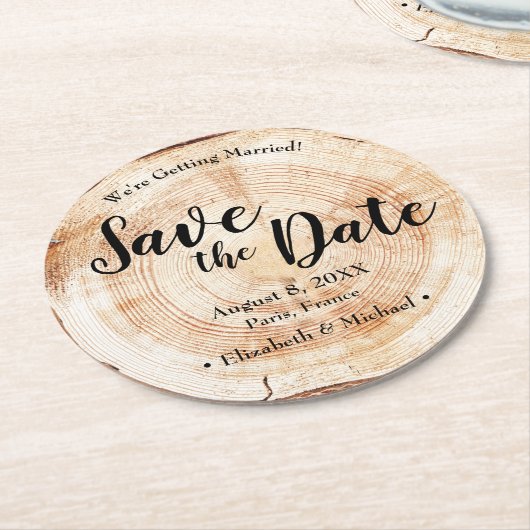 Custom Wood Cut Save the Date kreative Hochzeit Runder Pappuntersetzer (Angewinkelt)