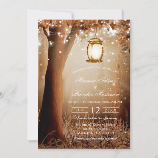 Custom Wood Trees String Lights Rustic Wedding Einladung (Vorderseite)