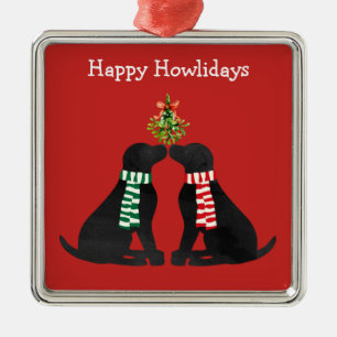 Custom Xmas Black Labradors Kissing Mistletoe Silbernes Ornament