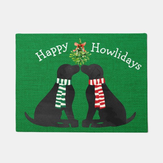 Custom Xmas Black Labradors Mistletoe Green Burlap Fußmatte (Vorderseite)