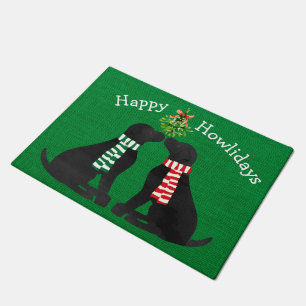 Custom Xmas Black Labradors Mistletoe Green Burlap Fußmatte