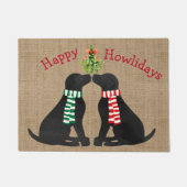 Custom Xmas Black Labradors Mistletoe Tan Burlap Fußmatte (Vorderseite)
