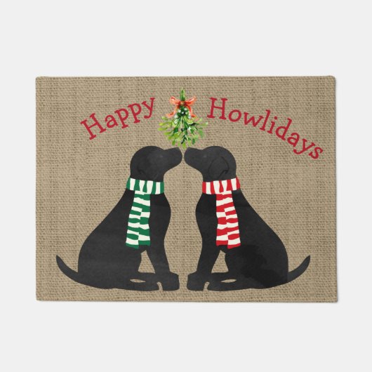 Custom Xmas Black Labradors Mistletoe Tan Burlap Fußmatte (Vorderseite)